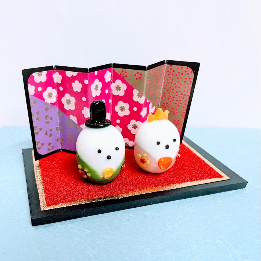 ガラス細工 シマエナガ雛セット（台、びょうぶ付）ミニチュア 雑貨