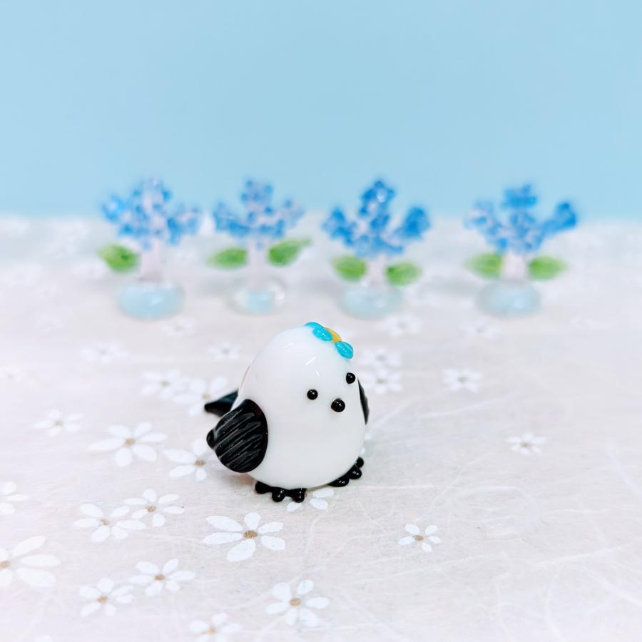 ガラス細工 花シマエナガ（M) 青 ミニチュア 雑貨 置物 小物 鳥 北海道