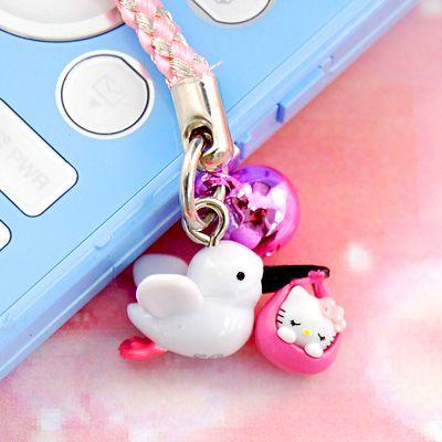 □ ハローキティ こうのとりキティ 根付けストラップ ピンク(黒