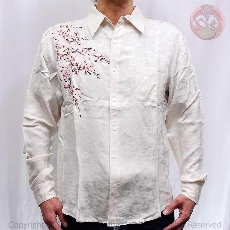 花旅楽団 桜刺繍レーヨンジャガード長袖シャツ LS-003 和柄 はなたびが