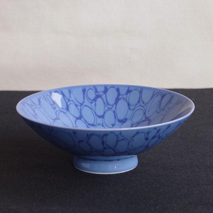 白山陶器 波佐見焼 平茶碗 飯碗 F-19 ブルー 青 ネイビー 楕円 模様 泡