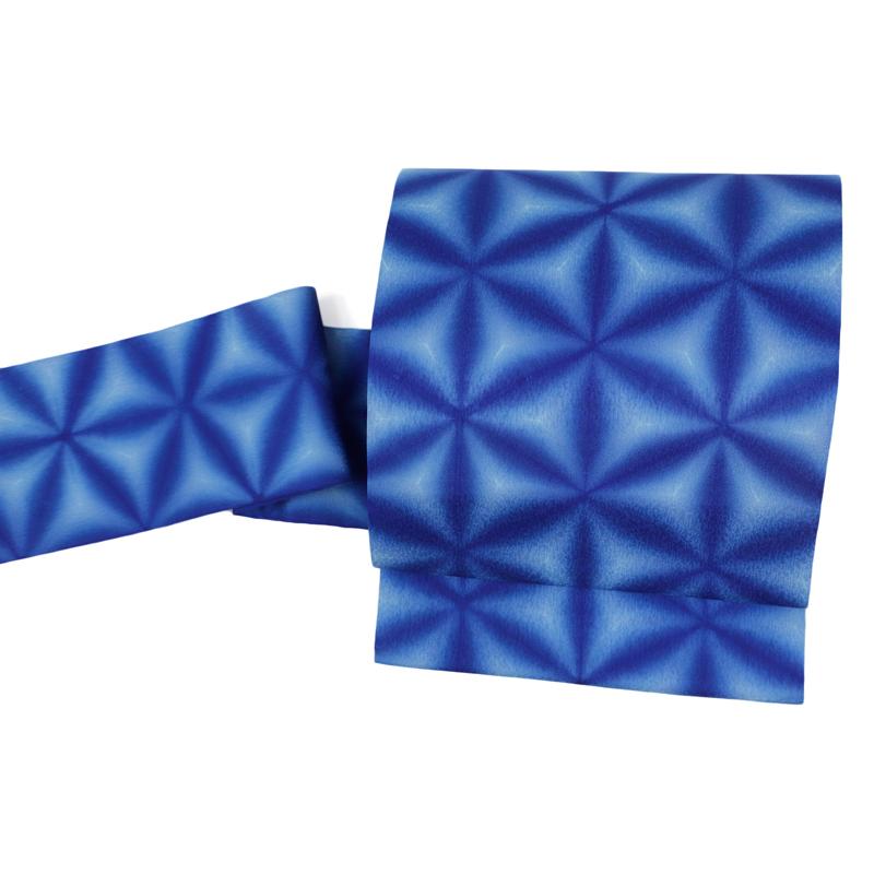 名古屋帯 九寸 有松鳴海絞り 板締め絞り 雪花絞り 絹 青 白 雪花 和柄