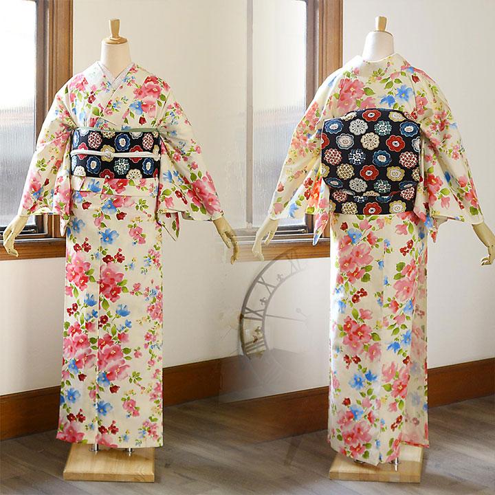 KIMONOMACHI 洗える着物 小紋 木綿着物 単品 「フラワープリント