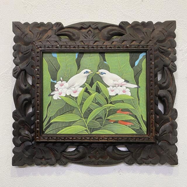 バリ絵画 鳥の絵 花と鳥 白い鳥 W38×H33cm 額付 ブンゴセカン 花鳥風月