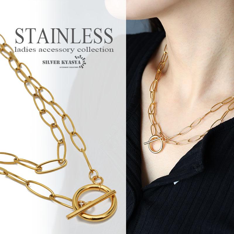 ステンレス 2重チェーンネックレス レディース マンテル ゴールド