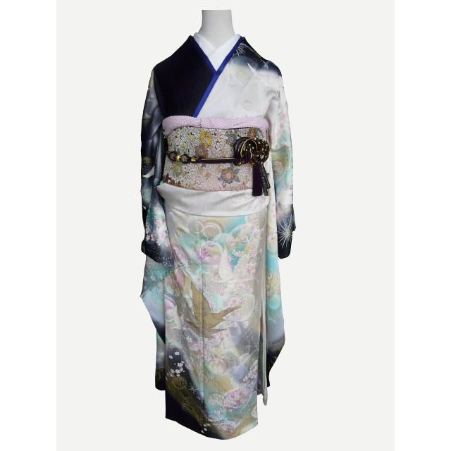 振袖 正絹 訳有 試着品 白黒地に鶴 フランソワーズ・モレシャン 034P