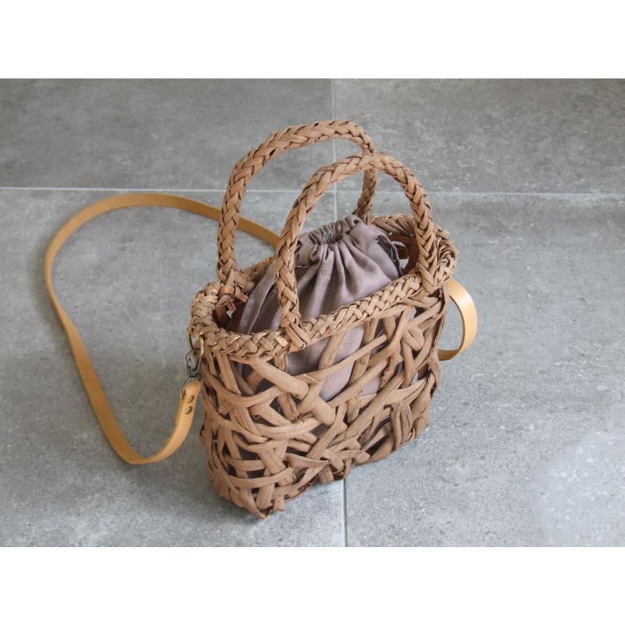 純国産 山葡萄かごバッグ 乱れ編み 本革ショルダー ポシェット リネン