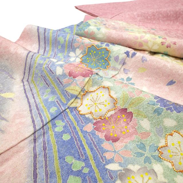 訪問着 袷 着物 薄ピンク 金通し 金駒刺繍 桜 楓 丹後ちりめん