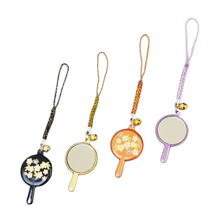 ミラーストラップ 蒔絵風 桜 鈴付き 全4色 (ブラック/ゴールドー