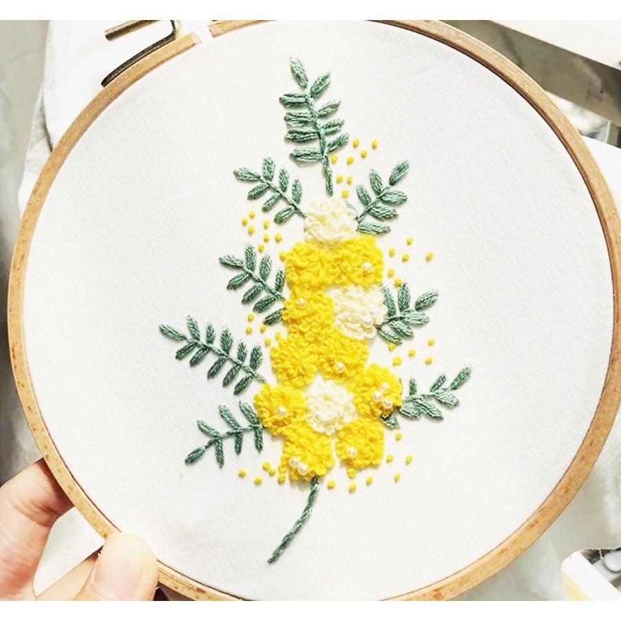 刺繍キット 花 ミモザ 黄色の花 日本語説明書付き プラスチック製の枠