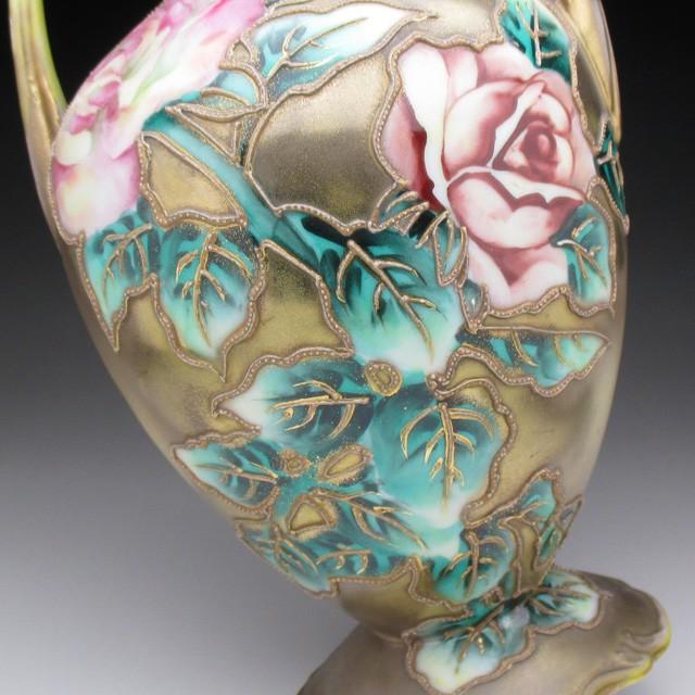 ノリタケ オールドノリタケ 金盛り薔薇絵 花瓶 22cm : アンティーク