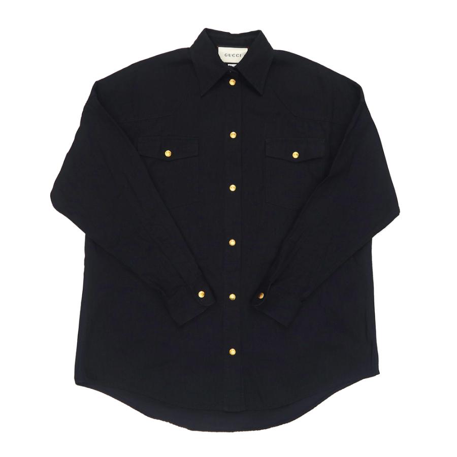 名東】グッチ 長袖シャツ ゴールドロゴ 40 595268 BK 金ボタン バック