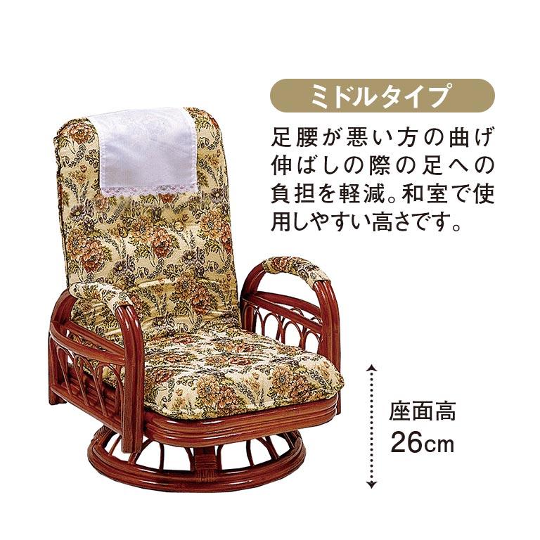 直送】籐ギア回転座椅子 ロータイプ - 座面高20cm リクライニング