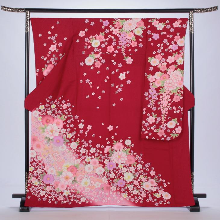 京都きもの友禅 振袖 中古 フルセット 成人式 Mサイズ 花柄 赤・ワイン
