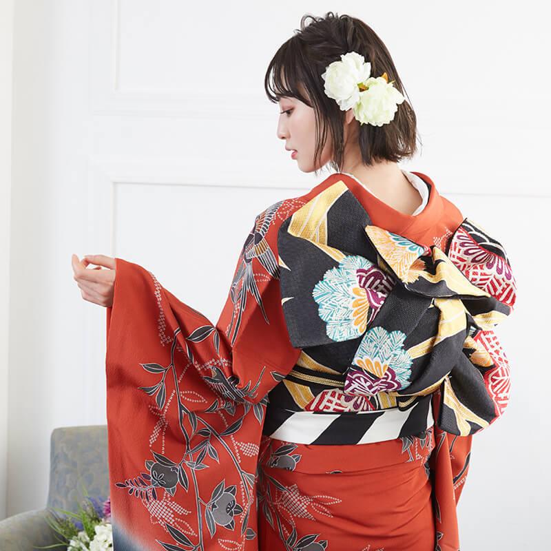 振袖 レンタル 成人式 結婚式 赤×黒 紅型 四季花鳥苑(絹)(宅) 一点物