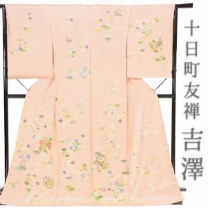 訪問着 吉澤友禅 十日町友禅 正絹 ピンクベージュ 貝桶 桜 菊 牡丹