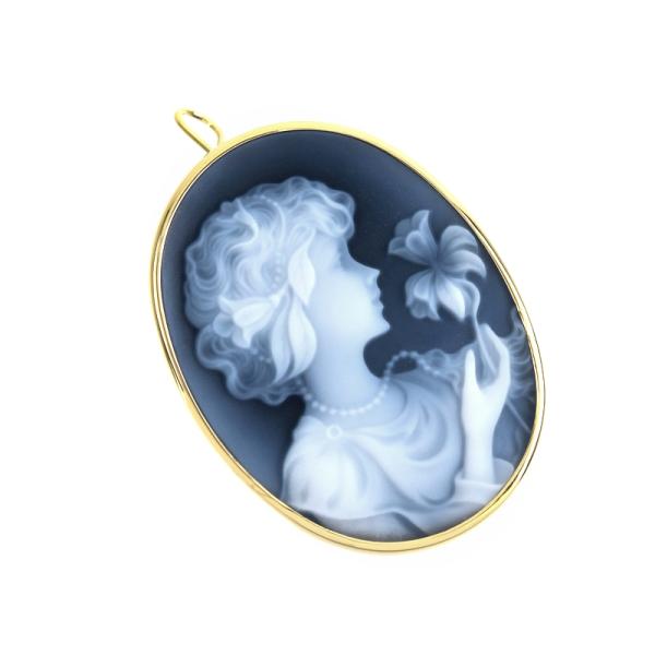 カメオ ブローチ 青 メノウカメオ K18枠 K18YG 2WAYブローチ