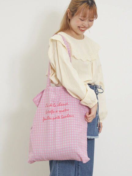セール】 ロゴプリントギンガムチェックトートバッグ（ピンク/イエロー