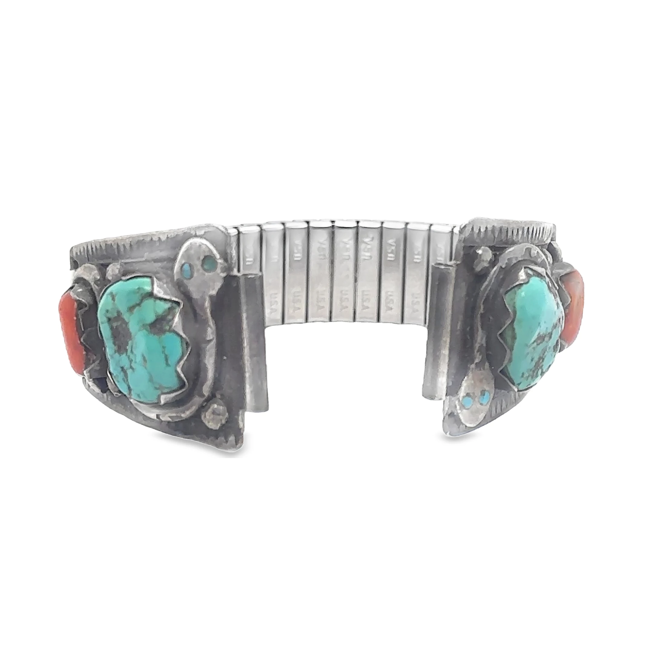 Sterling Silver, Turquoise, Coral & Snake Motif Watch Bracelet by