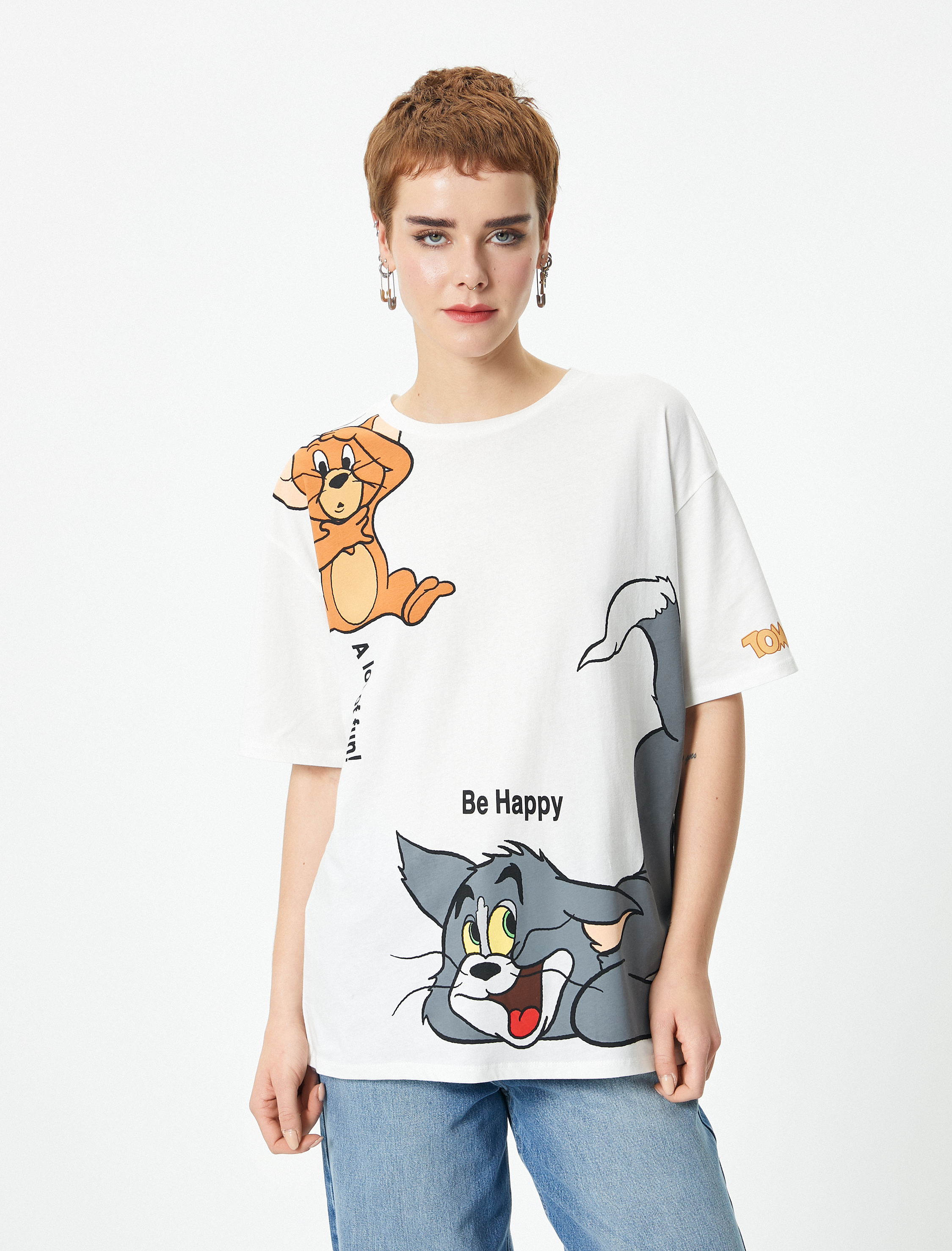 Ekru Tom ve Jerry Tişört Lisanslı Bisiklet Yaka Pamuklu