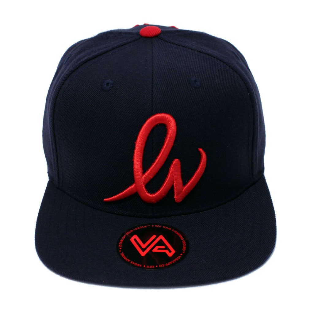 LV Cursive Navy/Red Snapback. LVCK.com