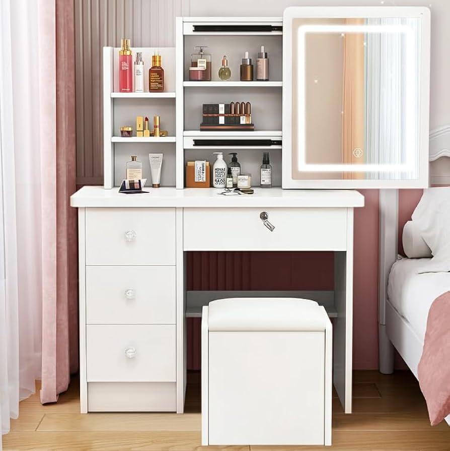 Amazon｜ドレッサー＆スツール 2点セット LEDライト付き+コンセント