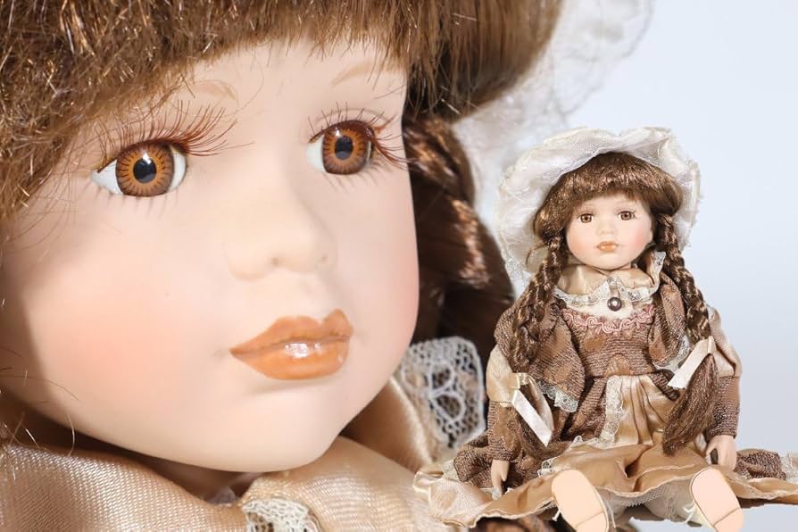 Amazon | ビスクドール ドレスを着た三つ編みの少女 陶器人形 ブラウン