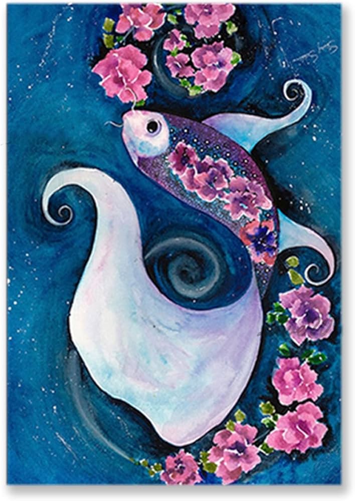 Amazon.co.jp: キャンバスに手描きの油絵 かわいい明るい花 泳ぐ魚