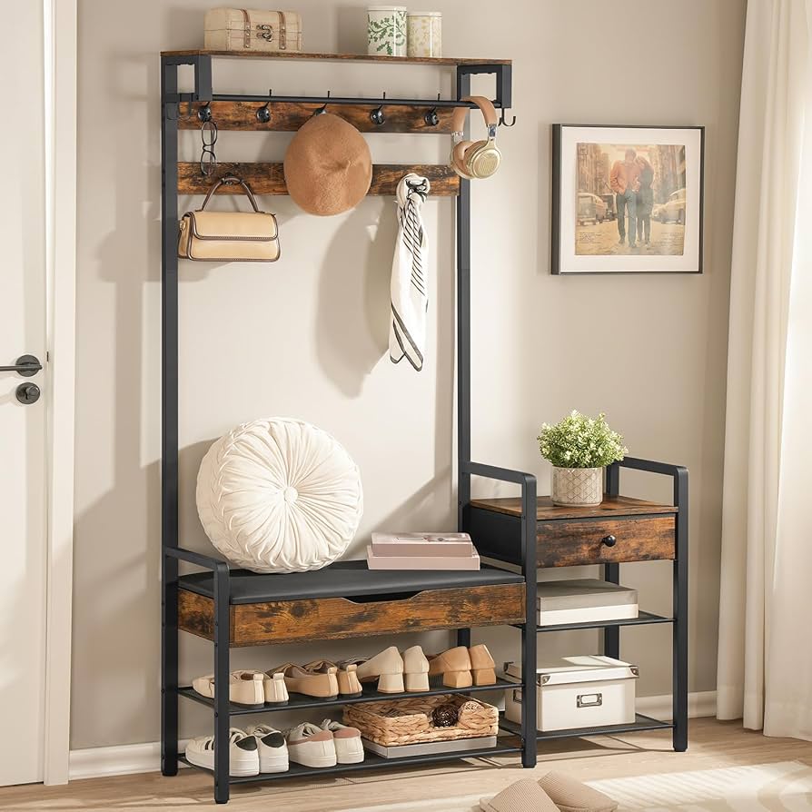 HOOBRO Hall Tree with Bench, Shoe and Coat Rack for Entryway, Coat