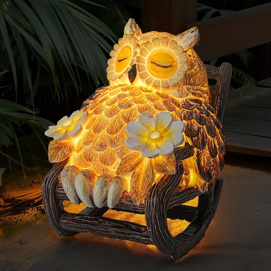 LIULO TOOL Light Up Owl on Chair Garden Sculpture, LED Solar