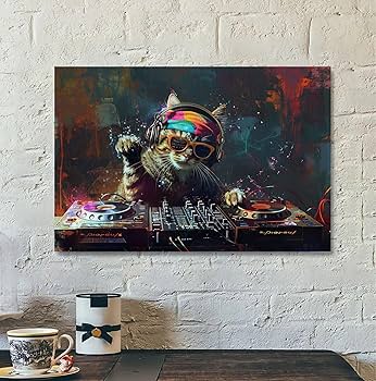 Amazon.com: DINHVBIEN9322 Canvas Print Wall Art- Cat Play DJ in