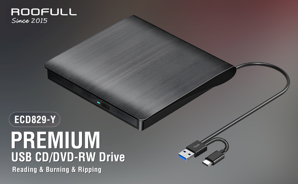 ROOFULL External CD DVD Drive Player CD Burner USB 3.0 & USB-C