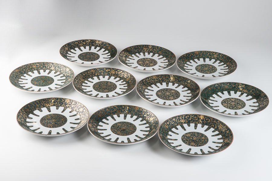 九谷焼】 九谷 青粒金彩花唐草文八寸皿 大皿 10客セット 16249