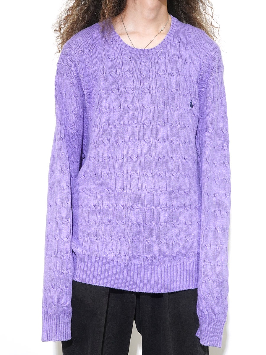 ラルフローレン ケーブル編み ワンポイント刺繍 シルクニット パープル