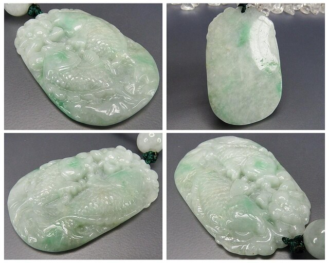 緑柄入りひすいジェダイト鯉彫刻天然石本翡翠紐ネックレス | 彫り物