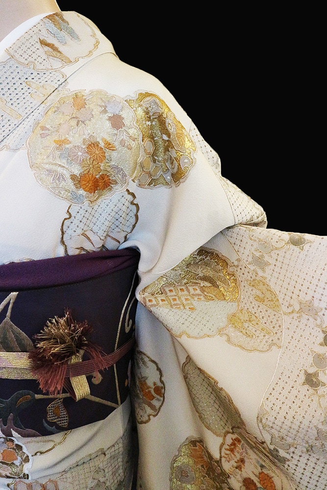 正絹訪問着 レンタルフルセット「総柄汕頭刺繍 雪輪に小花