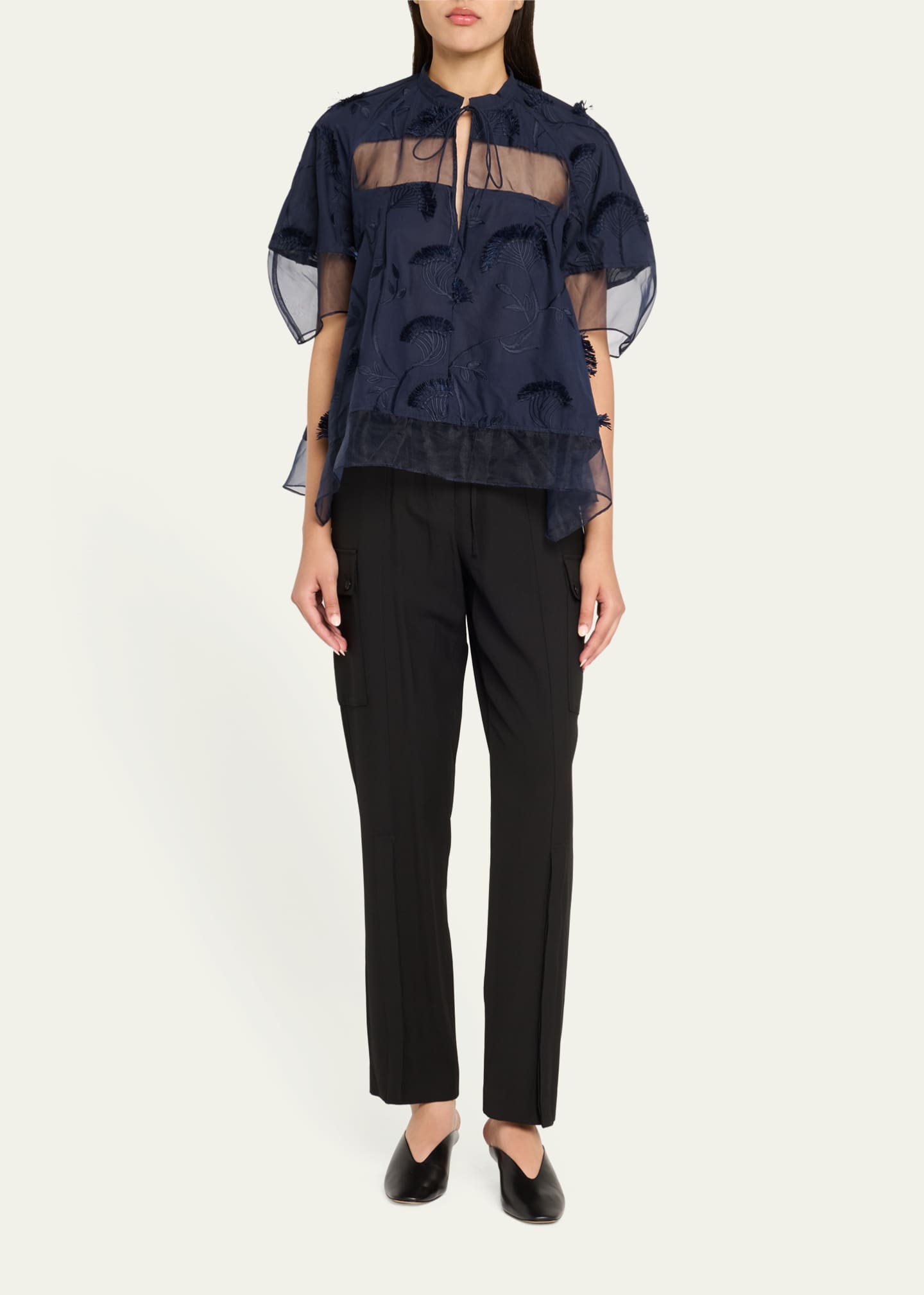 3.1 Phillip Lim Short-Sleeve Embroidered Organza Flounce Top