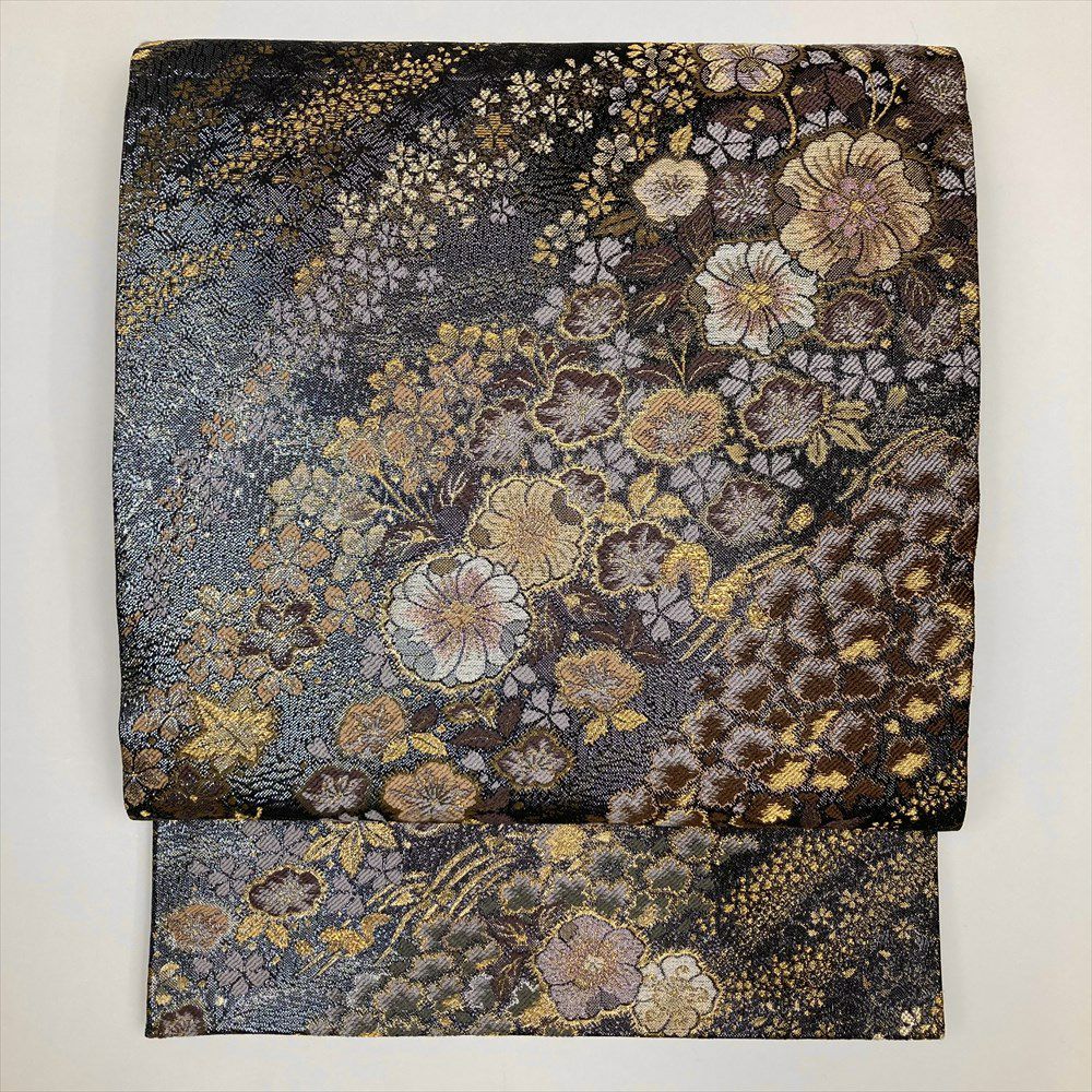 中古）袋帯 黒 フォーマル セミフォーマル 六通 金糸 銀糸 辻が花