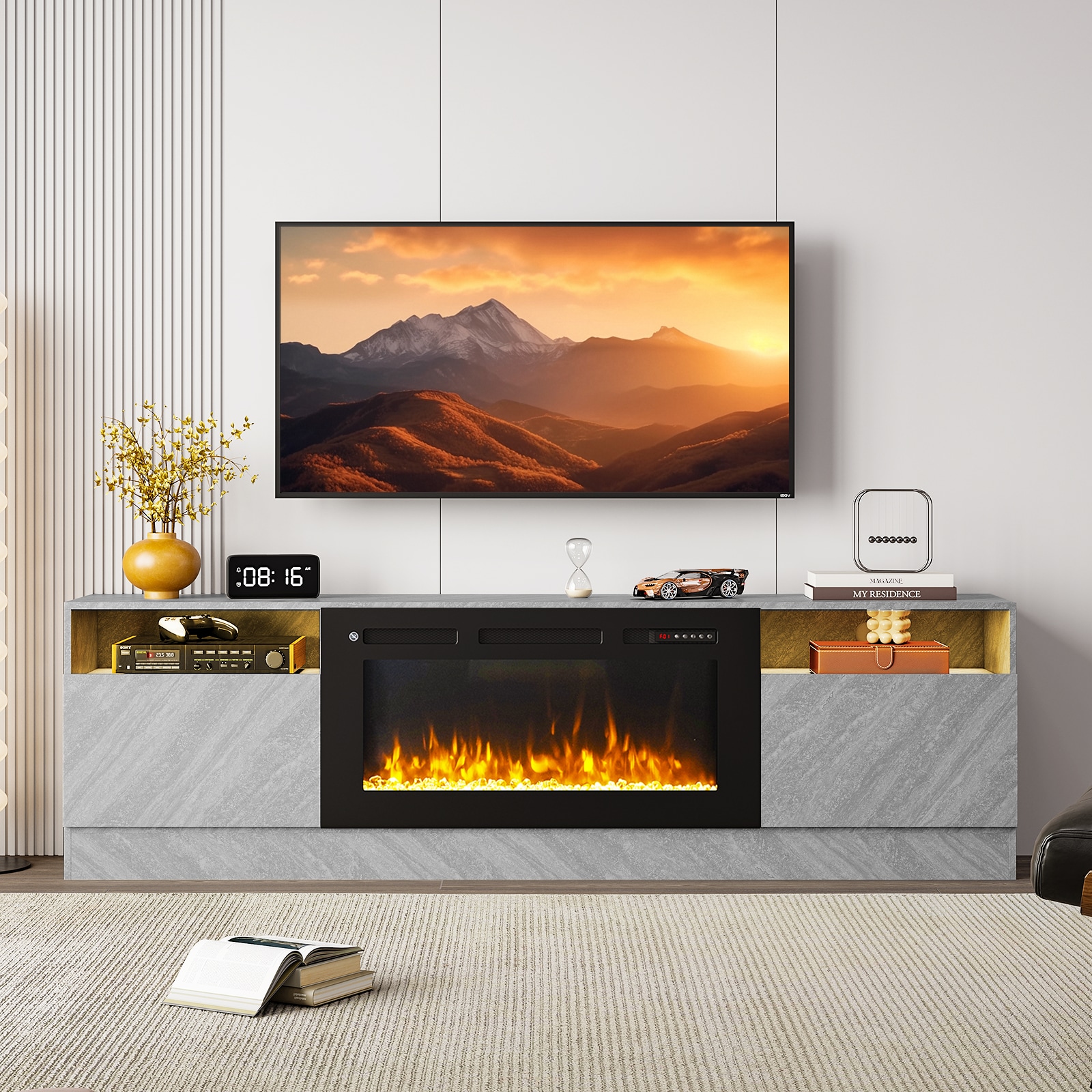 AOXUN 70-in W Black TV Stand with LED Flat Wall Electric Fireplace