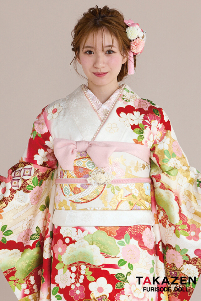 TAKAZENの振袖 /白色/赤色/古典/牡丹柄/ 正統派古典 白/赤 御所車柄