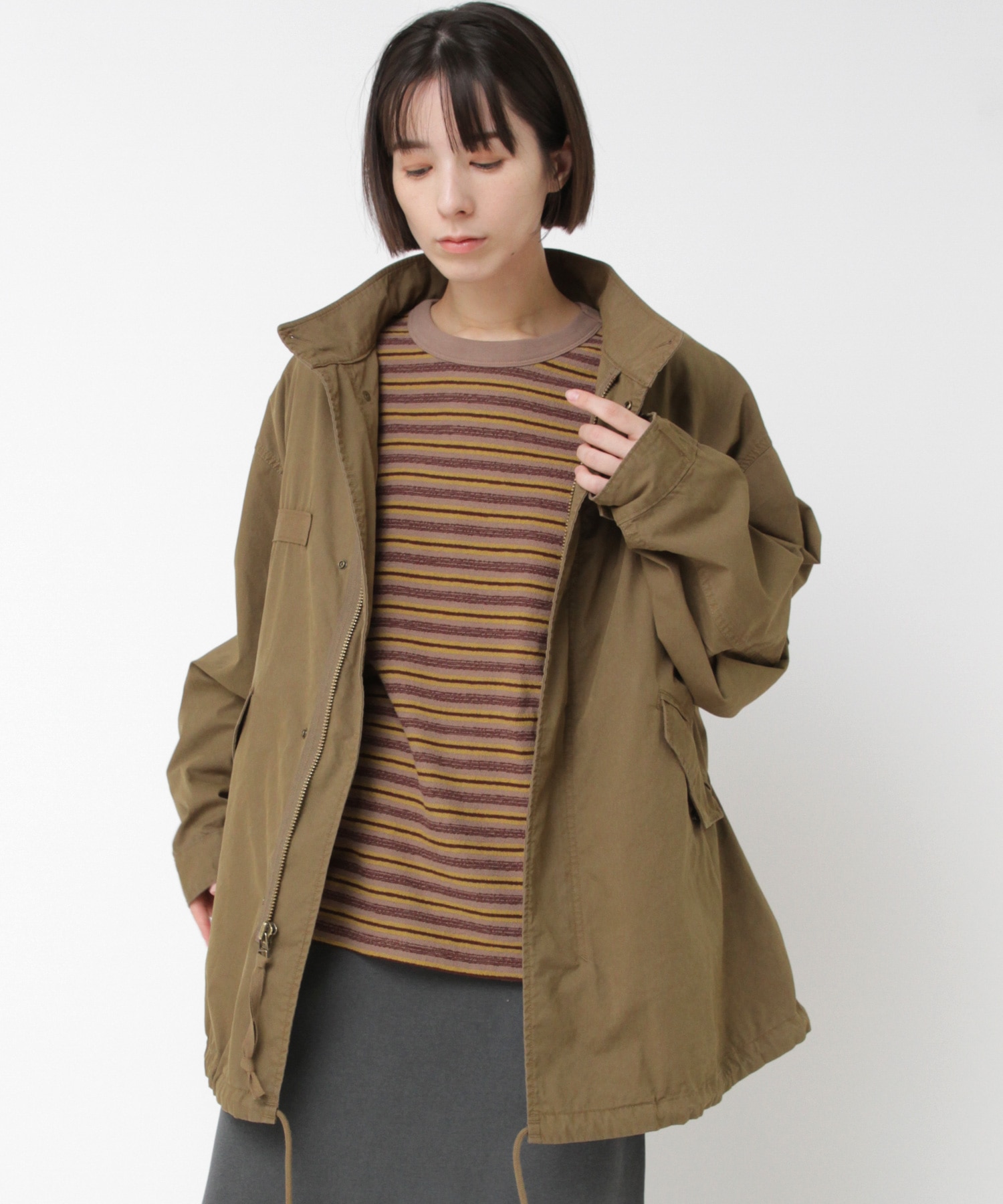 C0787 M-65ファーライナーミドル丈モッズコート(F ミュートベージュ