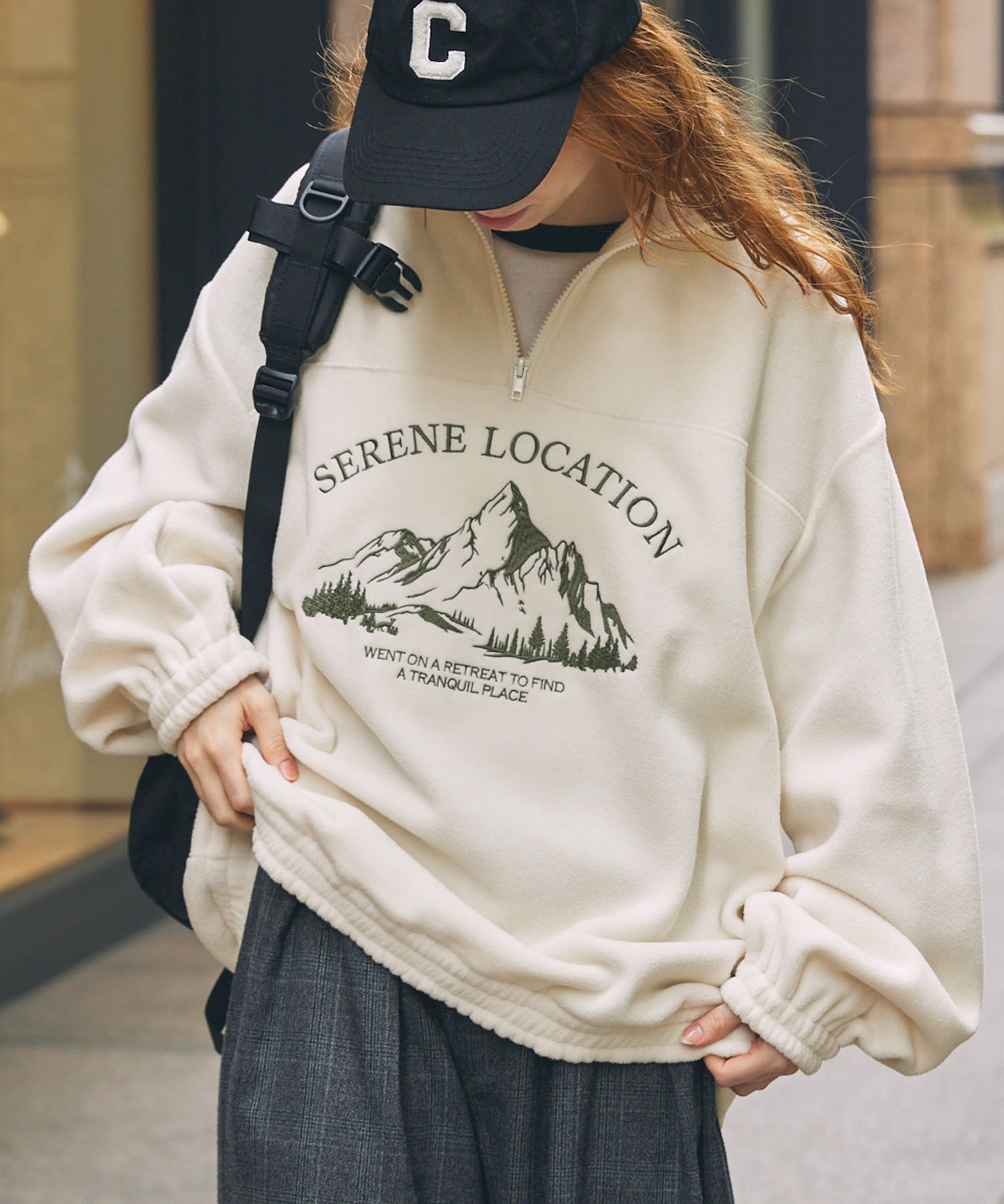 フリース 配色マウンテン刺繍デザイン ハーフジッププルオーバー MONO