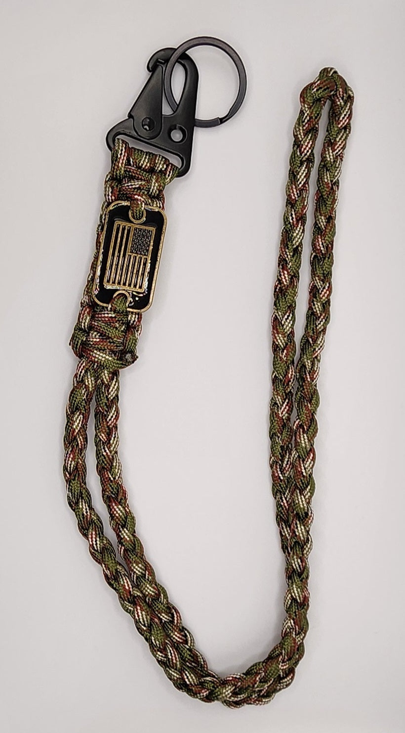 Army Green Camouflage Braided Paracord with Metal USA Flag Tag