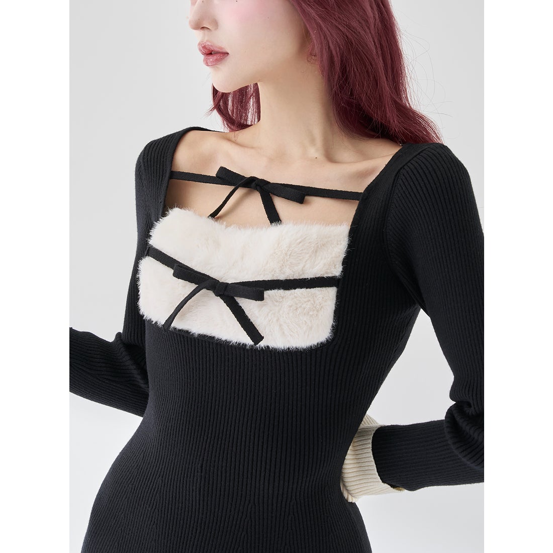 ダーリッチ Darich リボンファーフレアニットミニワンピース