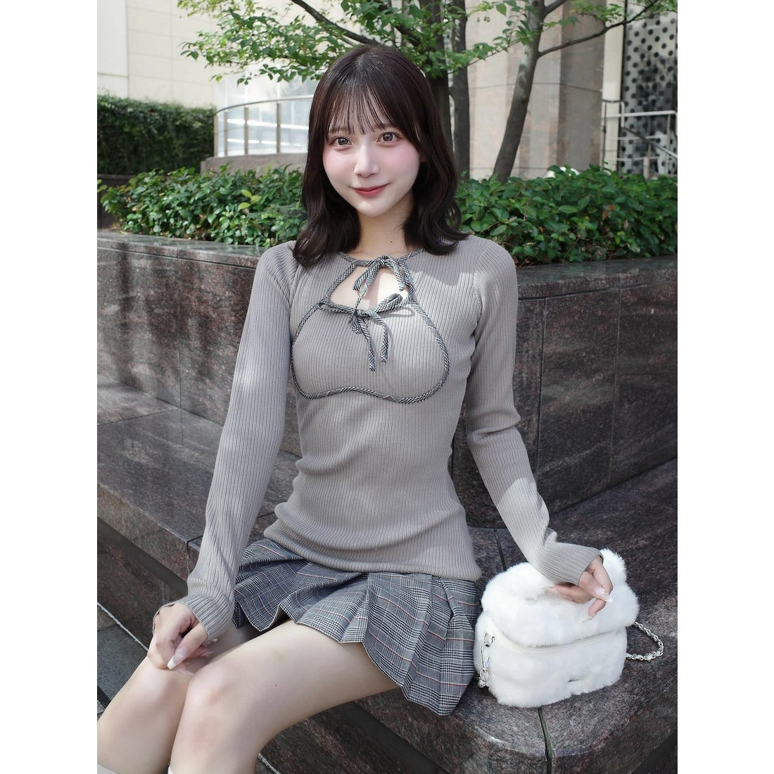 ダーリッチ Darich ポイントチェックニットミニワンピース （グレー