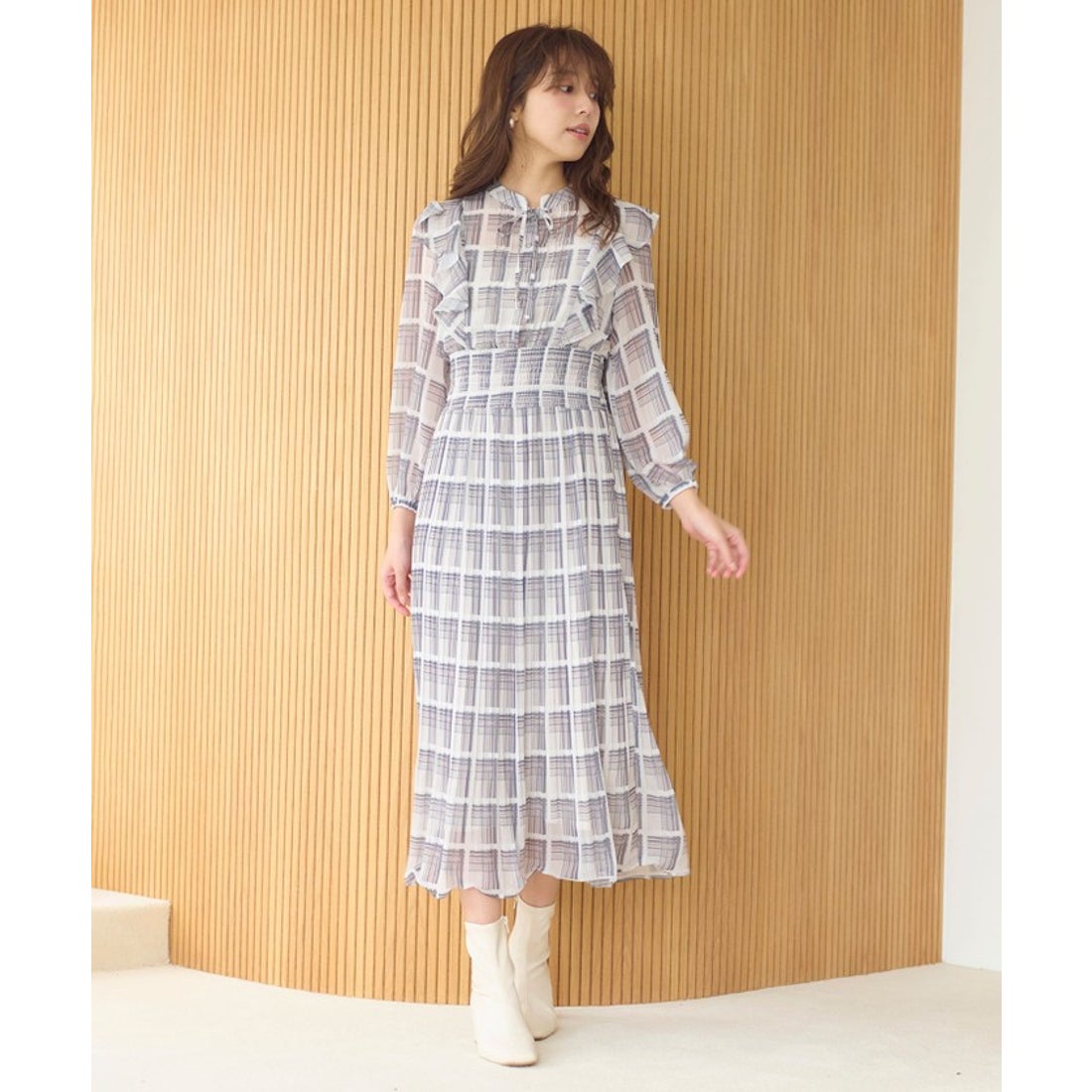 フェルゥ Feroux 【洗える】プリーツ ワンピース （ネイビー系