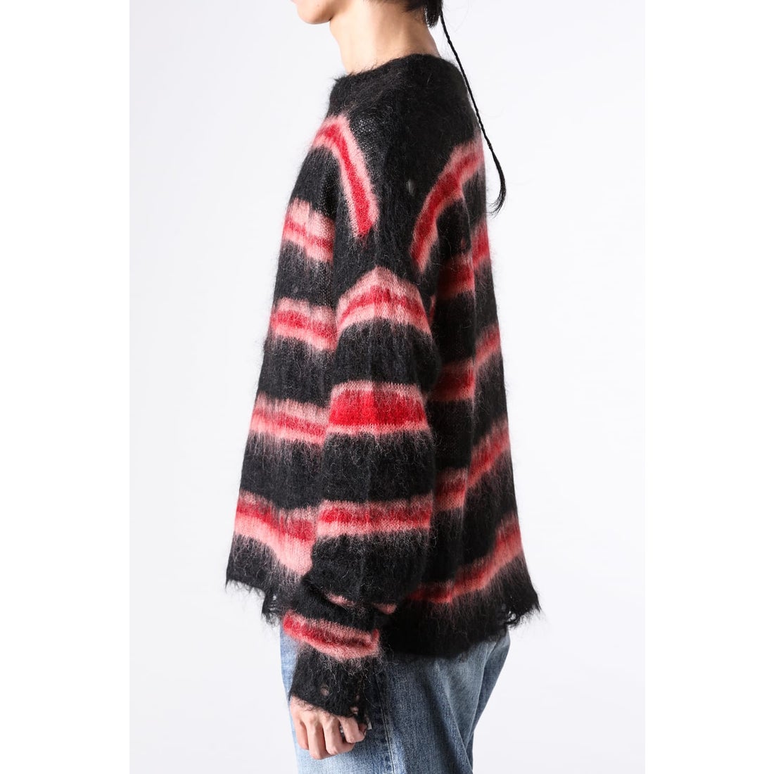 カミヤ KAMIYA Distressed Border Mohair Sweater （Black