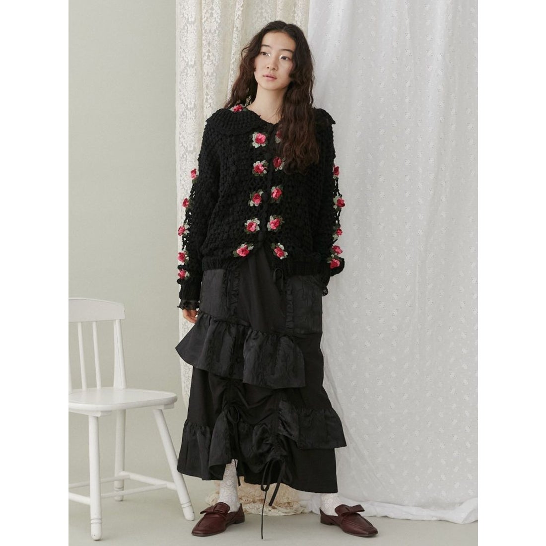 メリージェニー merry jenny クロシェカーディガン （ブラック） -靴