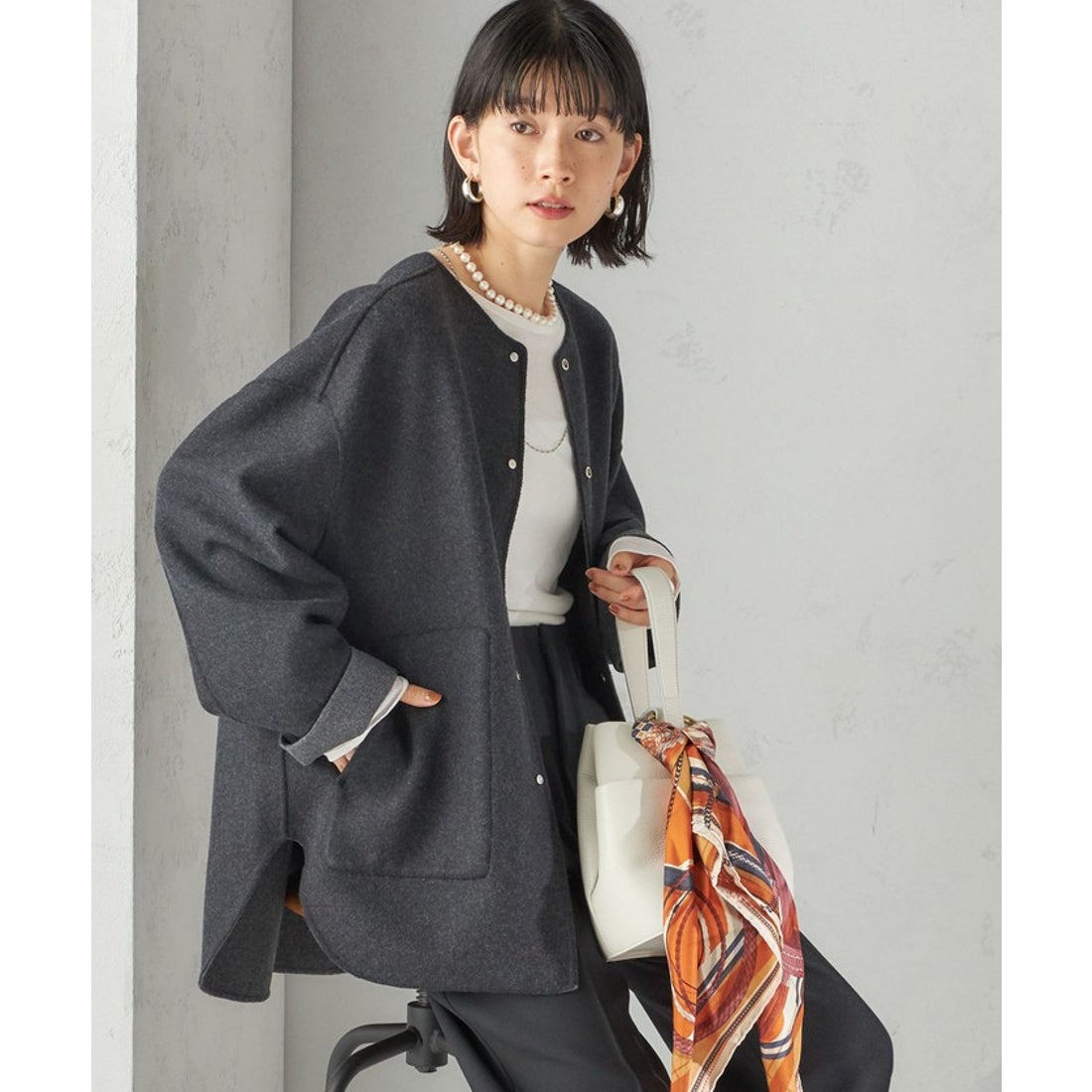 シップス SHIPS セミ 梳毛 配色 リバーシブル ノーカラー ショート