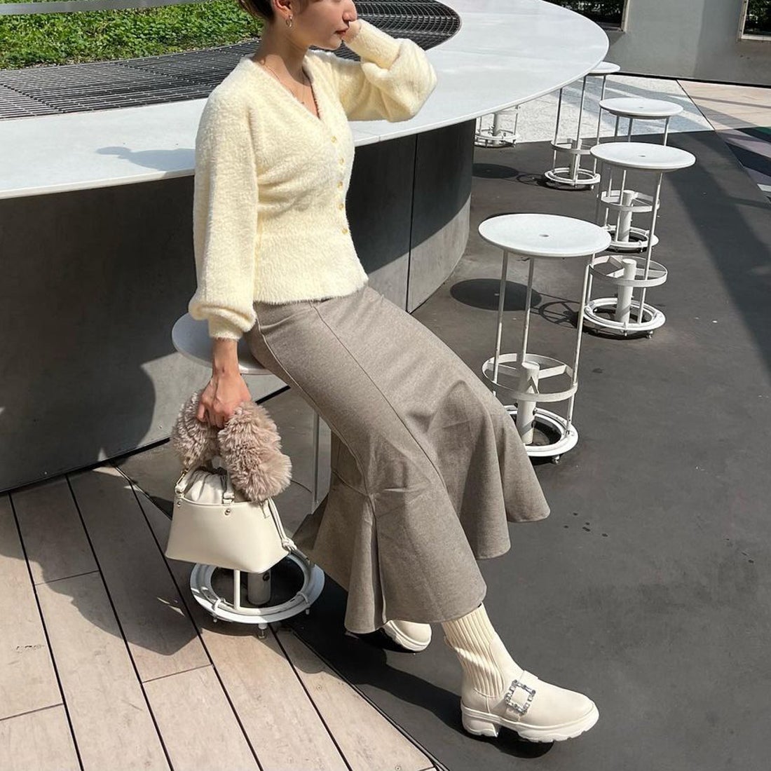 プラスダイアナ ＋diana リブニットショートブーツ （アイボリー人工